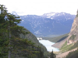 View overlooking hotel on Lake Louise, B.C. from hiking back from Plain of Six Glaciers Teahouse